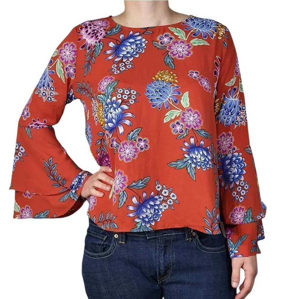 Adrienne Vittadini Red Orange Floral Ruffled Top